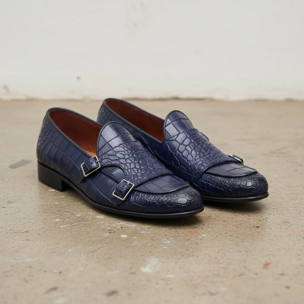 Handmade Mens Blue Crocodile Monk Shoes, Men Blue Loafer Shoes - Image 5