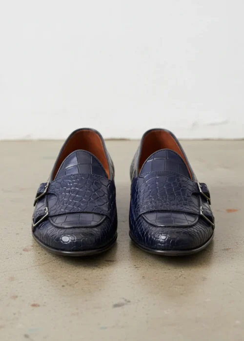 Handmade Mens Blue Crocodile Monk Shoes, Men Blue Loafer Shoes