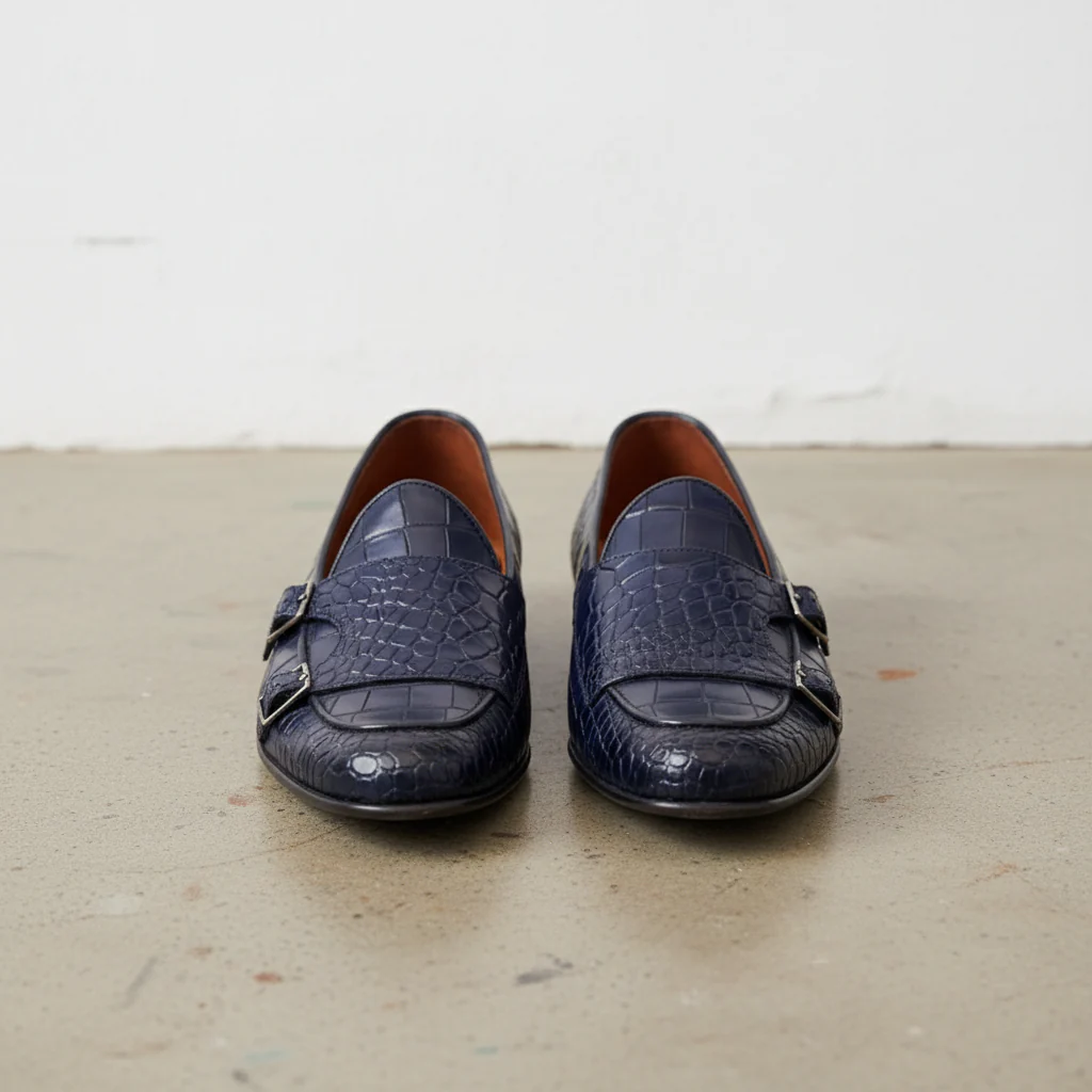 Handmade Mens Blue Crocodile Monk Shoes, Men Blue Loafer Shoes