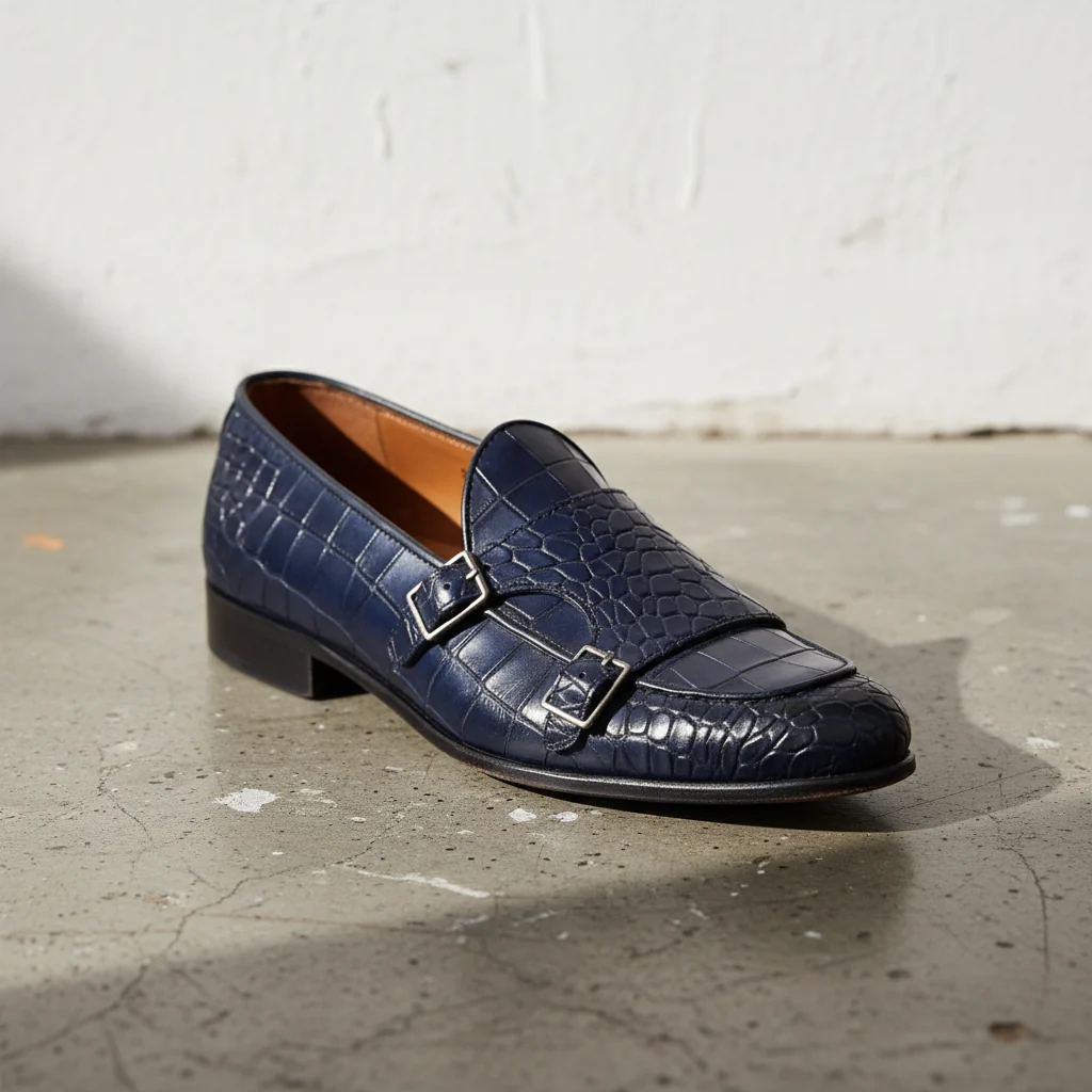 Handmade Mens Blue Crocodile Monk Shoes, Men Blue Loafer Shoes - Image 4