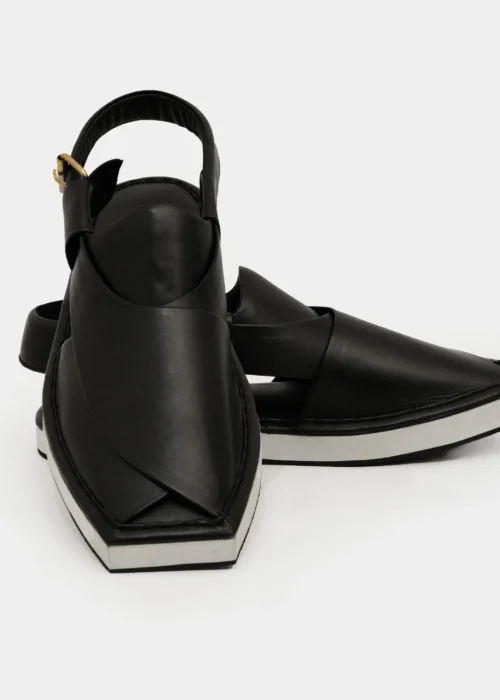 Black Kaptaan Chappal With Black & White Sole